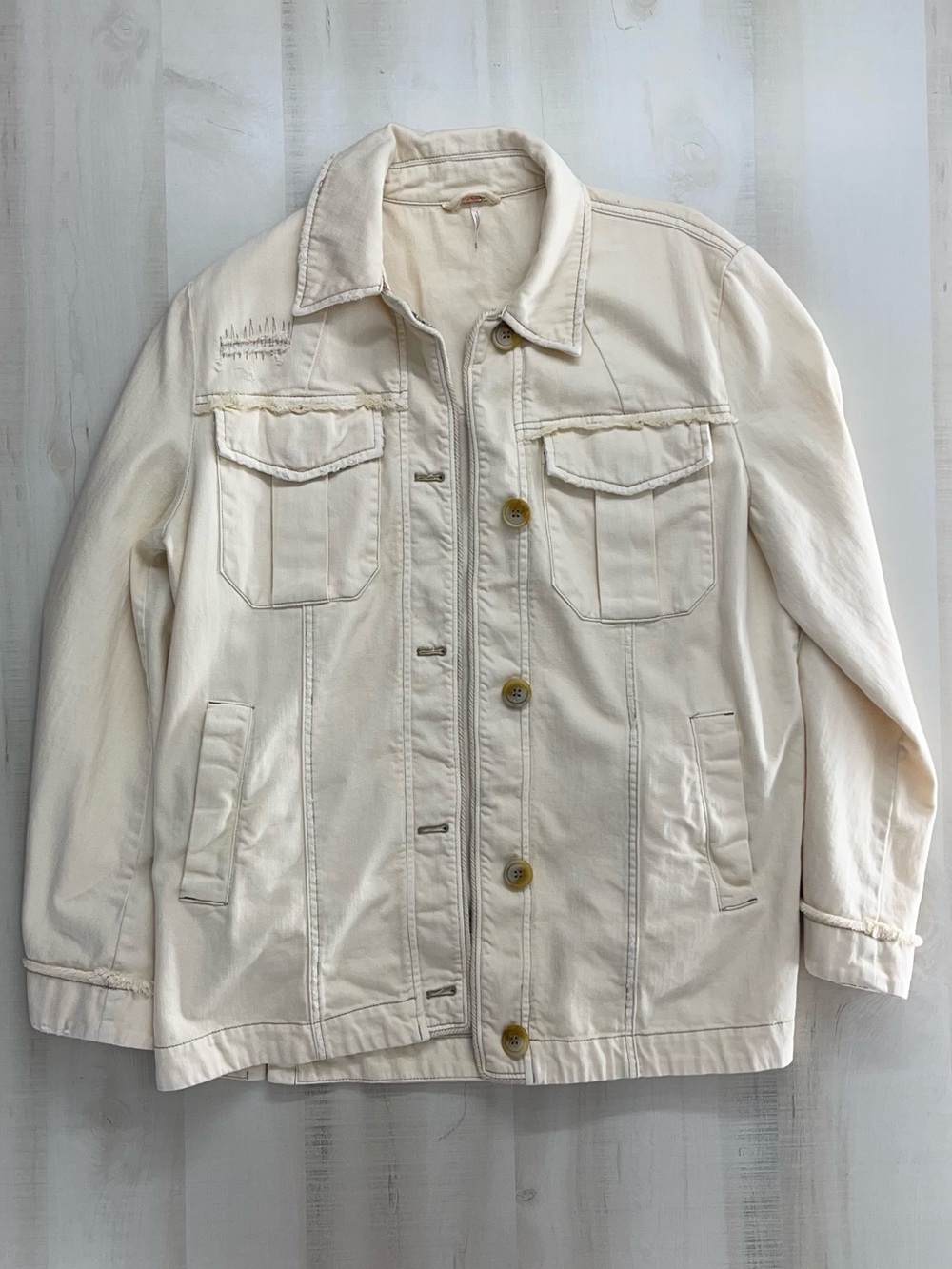 FREE PEOPLE long oversized trucker jacket distressed peach pink cream M